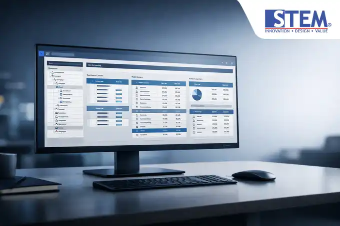 Interface modul Financials SAP Business One yang menunjukkan struktur dimensi dan cost accounting untuk kontrol biaya perusahaan