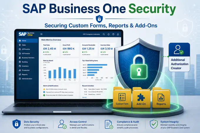 Illustration of a security shield protecting custom form, report, and add-on data in SAP Business One