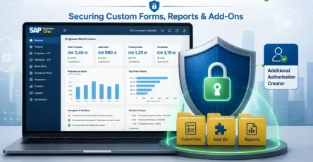 Ilustrasi perisai keamanan melindungi data custom form, report, dan add-on di SAP Business One