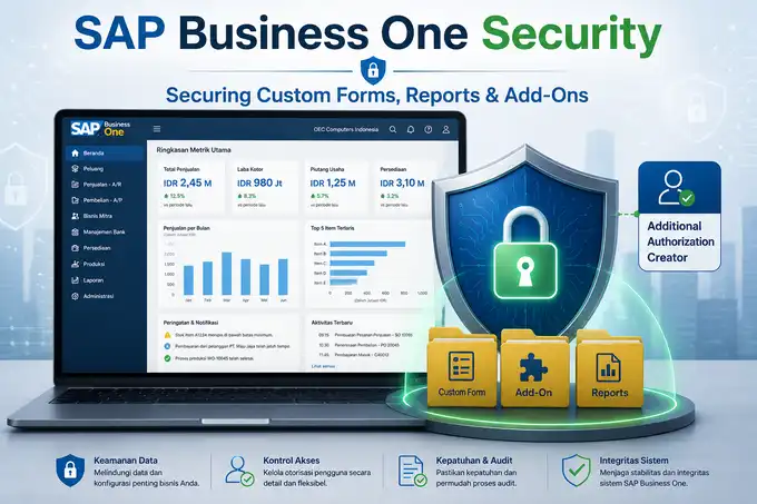 Ilustrasi perisai keamanan melindungi data custom form, report, dan add-on di SAP Business One